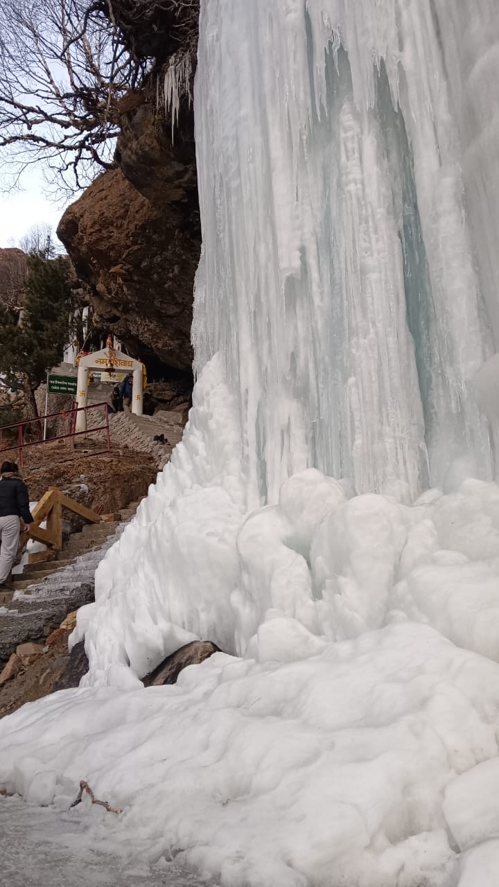 Frozen ice formation near a shrine in the Auli-Joshimath region
